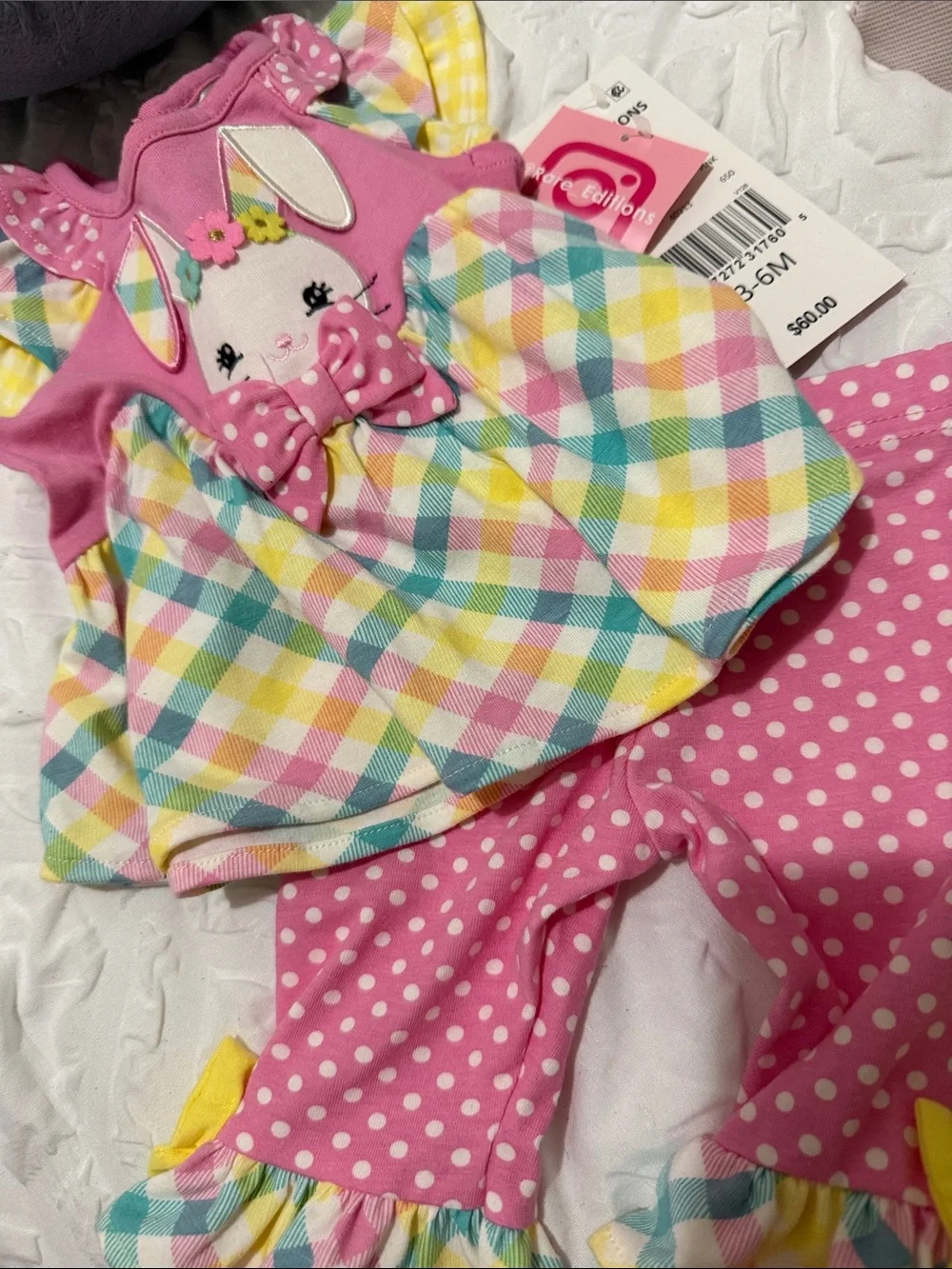 Rare Editions Pink Bunny Plaid Dress & Polka Dot Pants Set